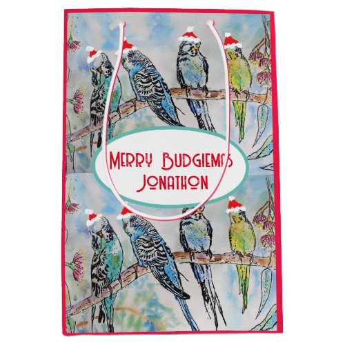 Santa Budgie Christmas Watercolor Painting Bird Medium Gift Bag