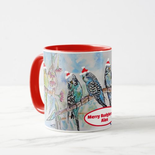 Santa Budgie Christmas Watercolor Painting Bird Mug