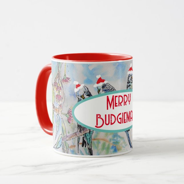 Santa Budgie Christmas Watercolor Painting Bird Mug (Front Left)