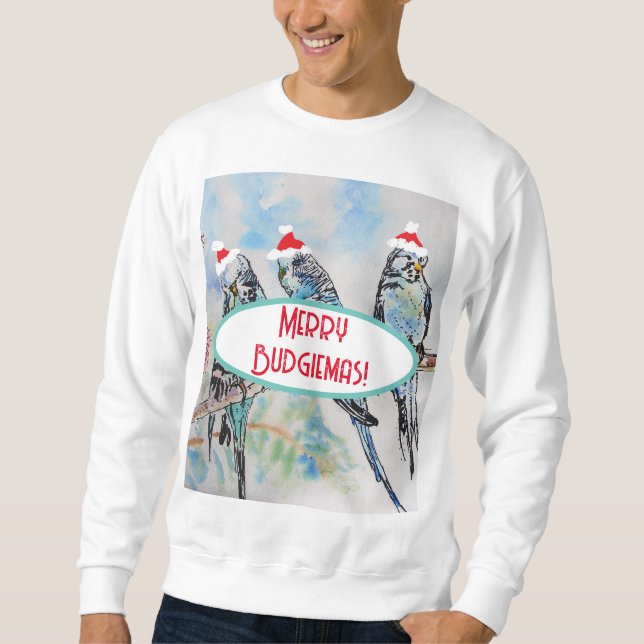 Santa Budgie Christmas Watercolor Painting Bird Sweatshirt (Front)