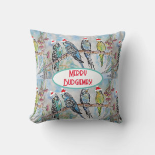 Santa Budgie Christmas Watercolor Painting Bird Throw Pillow