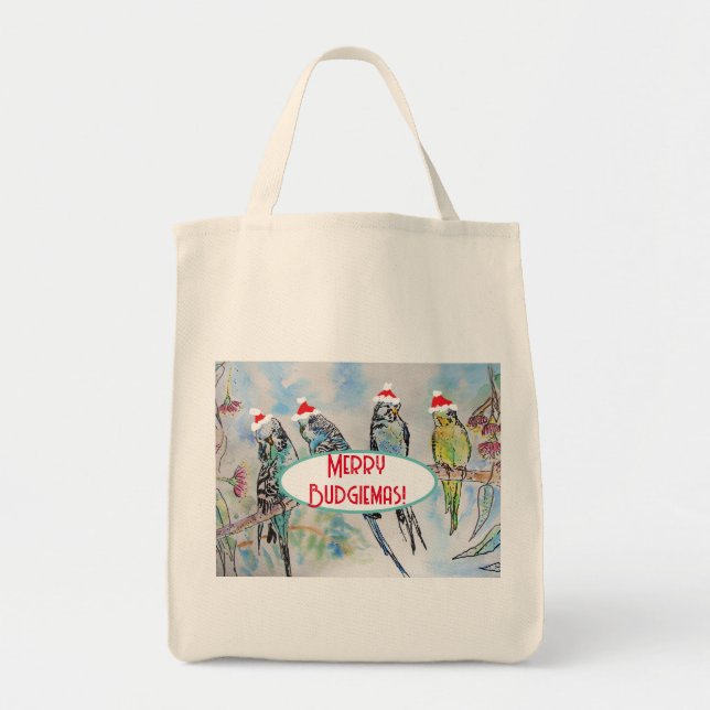 Santa Budgie Christmas Watercolor Painting Bird Tote Bag (Front)