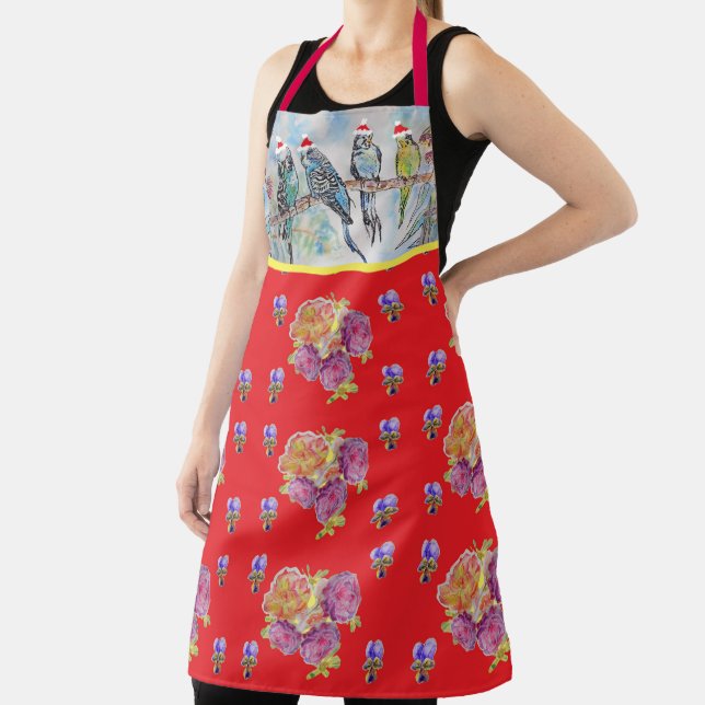 Santa Budgies Christmas Red Womans Apron (Insitu)