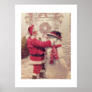 Santa Builds A Snowman Vintage Style Poster