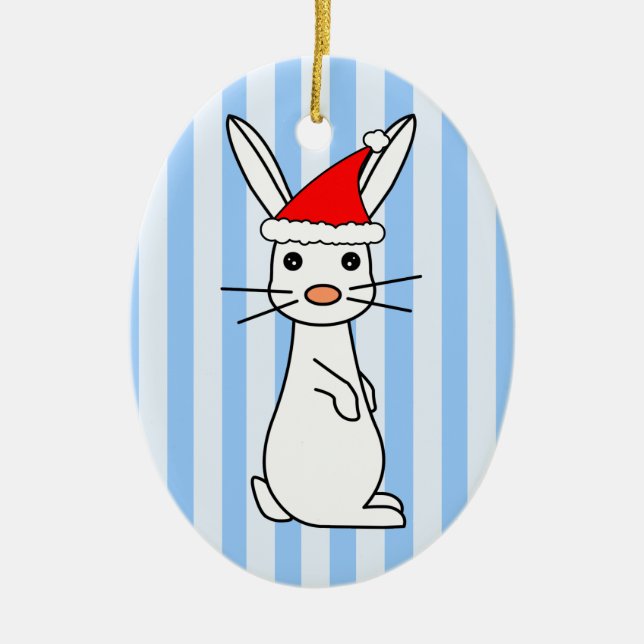 Santa Bunny - White with Blue Stripes Ceramic Ornament (Front)