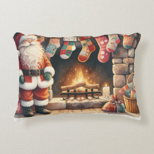 Santa by Fireplace Christmas Stockings Accent Pillow