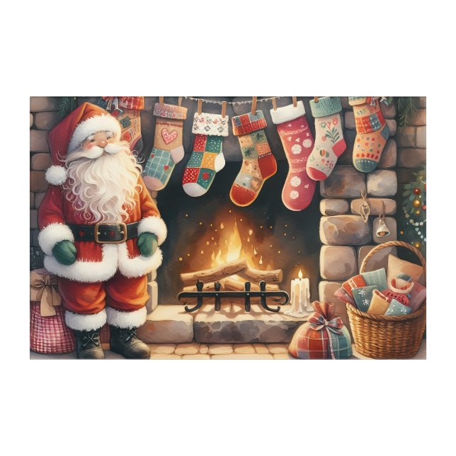 Santa by Fireplace Christmas Stockings Acrylic Print (Front)