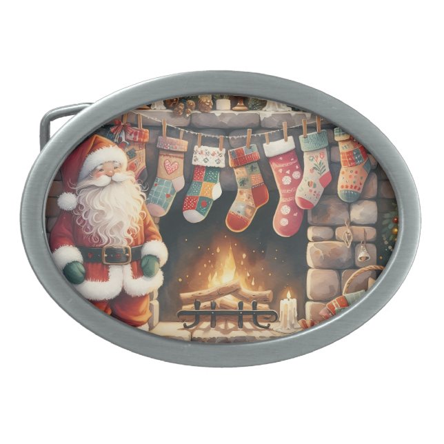 Santa by Fireplace Christmas Stockings Belt Buckle (Front)