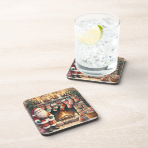 Santa by Fireplace Christmas Stockings Beverage Coaster