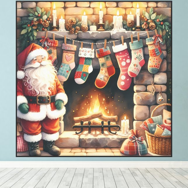 Santa by Fireplace Christmas Stockings Canvas Print (Insitu(Wood Floor))