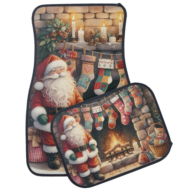 Santa by Fireplace Christmas Stockings Car Floor Mat (Set)
