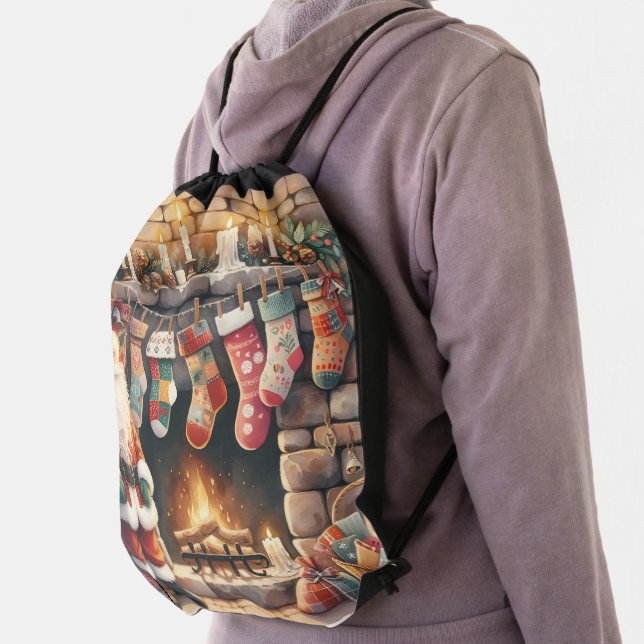 Santa by Fireplace Christmas Stockings Drawstring Bag (Insitu)