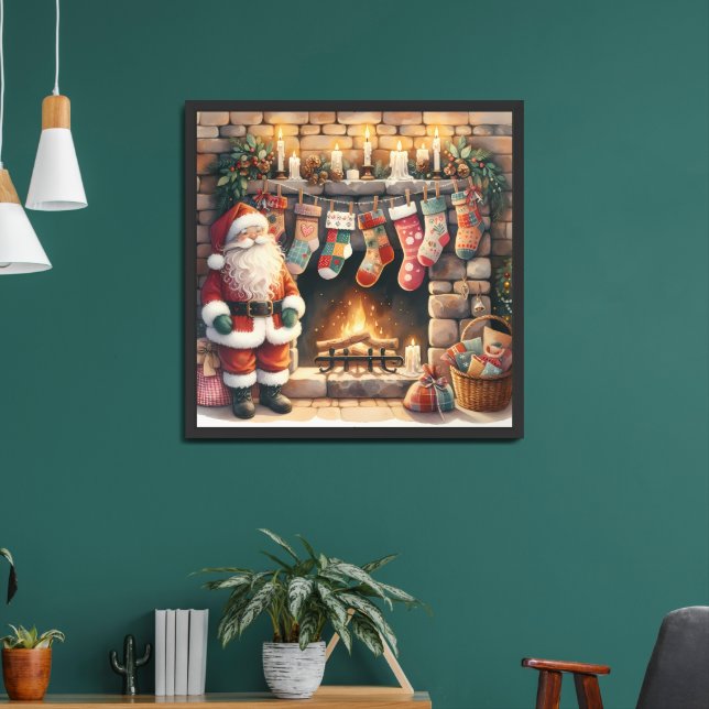 Santa by Fireplace Christmas Stockings Framed Art (Living Room 2)