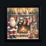 Santa by Fireplace Christmas Stockings Gift Box<br><div class="desc">This cozy holiday design captures a heartwarming Christmas Eve moment, featuring a cheerful Santa Claus standing beside a glowing fireplace adorned with colorful stockings. Each stocking showcases charming patchwork patterns, festive motifs, and soft textures that evoke nostalgia and warmth. Surrounded by pine garlands, flickering candles, and carefully wrapped gifts, the...</div>