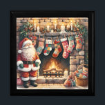 Santa by Fireplace Christmas Stockings Gift Box<br><div class="desc">This cozy holiday design captures a heartwarming Christmas Eve moment, featuring a cheerful Santa Claus standing beside a glowing fireplace adorned with colorful stockings. Each stocking showcases charming patchwork patterns, festive motifs, and soft textures that evoke nostalgia and warmth. Surrounded by pine garlands, flickering candles, and carefully wrapped gifts, the...</div>
