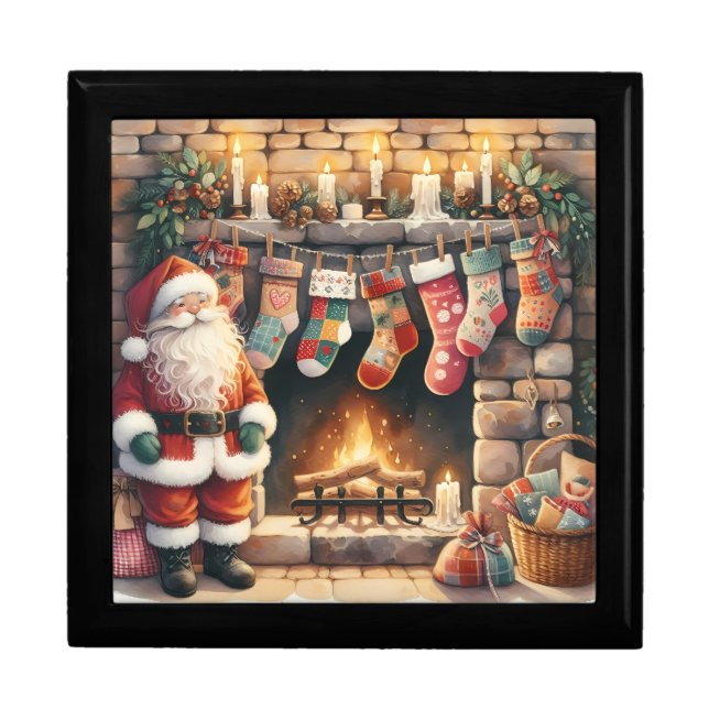 Santa by Fireplace Christmas Stockings Gift Box (Front)
