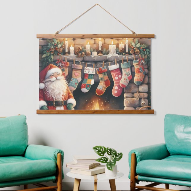Santa by Fireplace Christmas Stockings Hanging Tapestry (Living Room)
