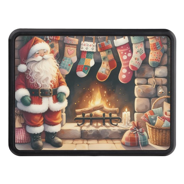 Santa by Fireplace Christmas Stockings Hitch Cover (Front)