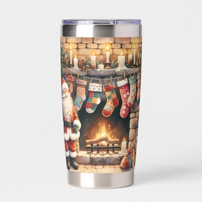 Santa by Fireplace Christmas Stockings Insulated Tumbler (Front)