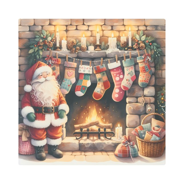 Santa by Fireplace Christmas Stockings Metal Print (Front)