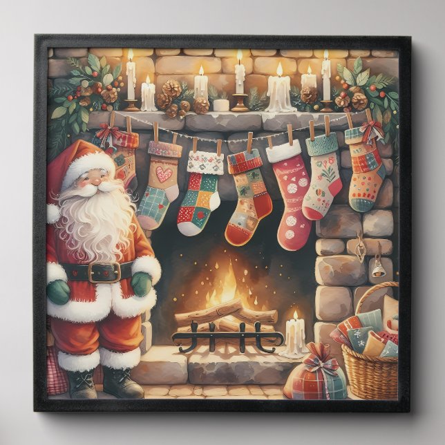 Santa by Fireplace Christmas Stockings Peel And Stick Photo Tile (Front Set)