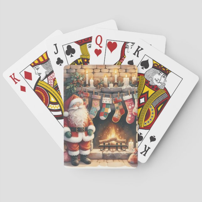 Santa by Fireplace Christmas Stockings Poker Cards (Back)