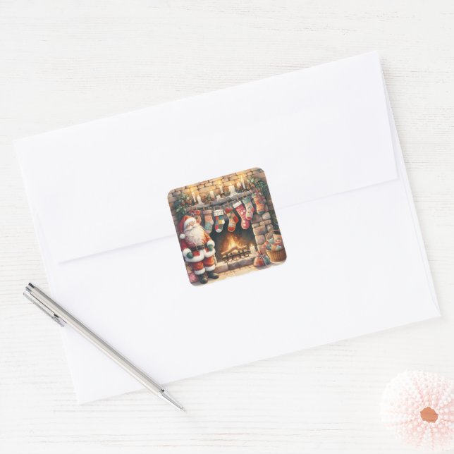 Santa by Fireplace Christmas Stockings Square Sticker (Envelope)