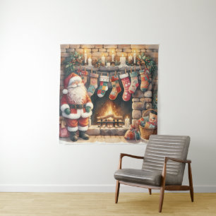 Santa by Fireplace Christmas Stockings Tapestry
