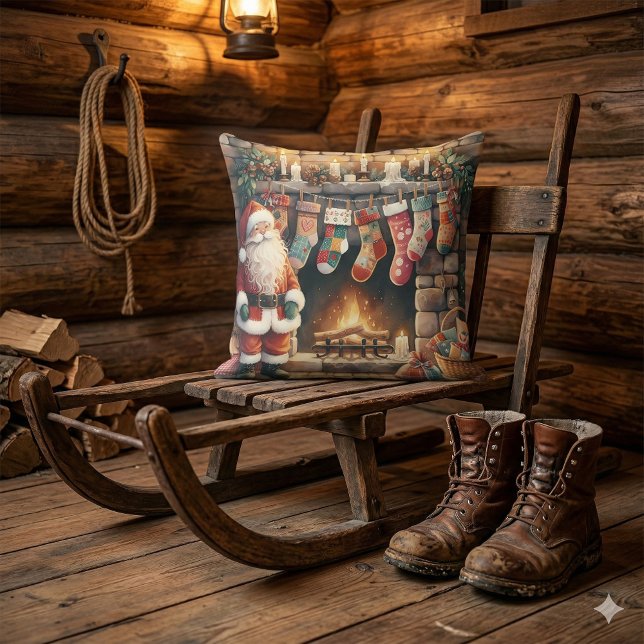 Santa by Fireplace Christmas Stockings Throw Pillow (Santa by Fireplace Christmas Stockings Throw Pillow Mockup C)