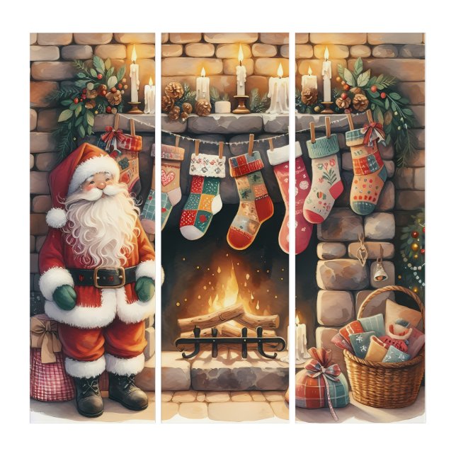 Santa by Fireplace Christmas Stockings Triptych (Front)