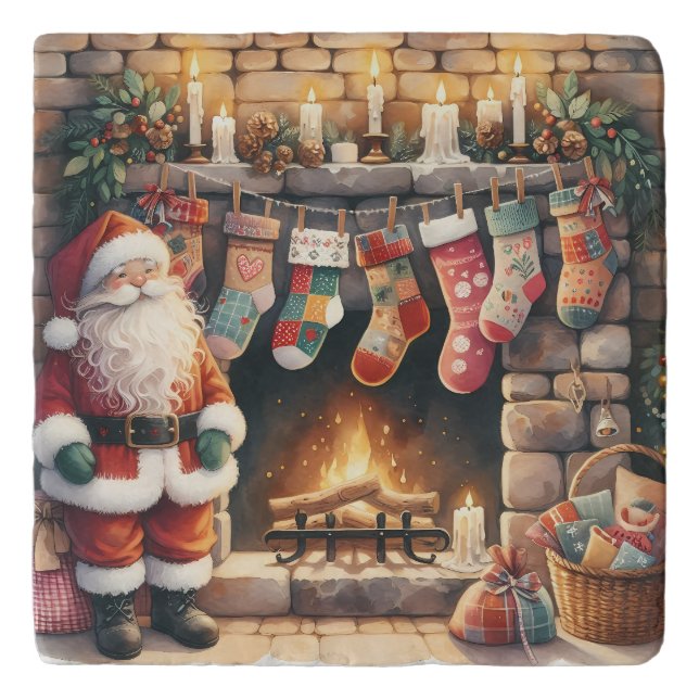 Santa by Fireplace Christmas Stockings Trivet (Front)