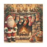 Santa by Fireplace Christmas Stockings Wood Wall Art