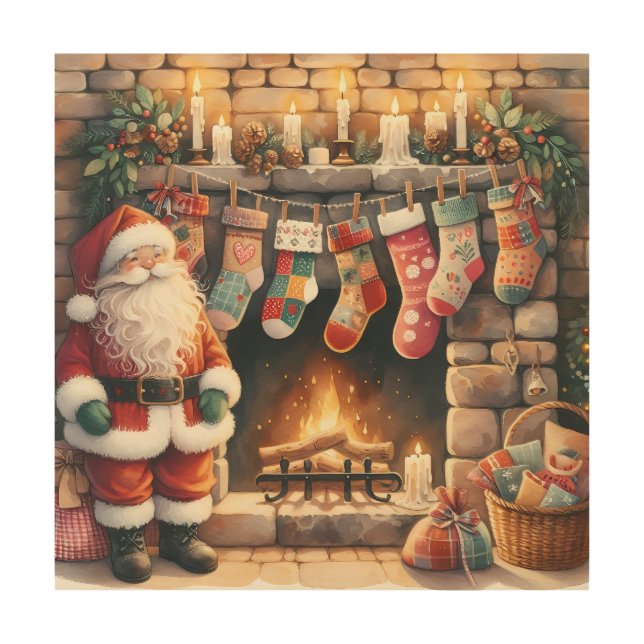 Santa by Fireplace Christmas Stockings Wood Wall Art (Front)