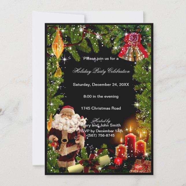 Santa Candles Bells Christmas Party Invitation (Front)