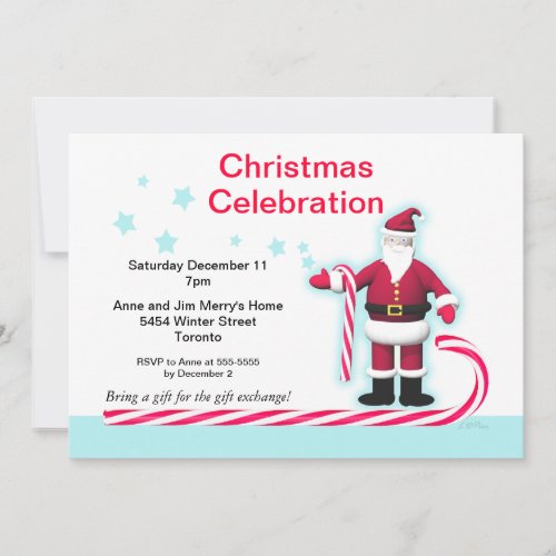 Santa Candy Cane and Stars Christmas Party Invitation