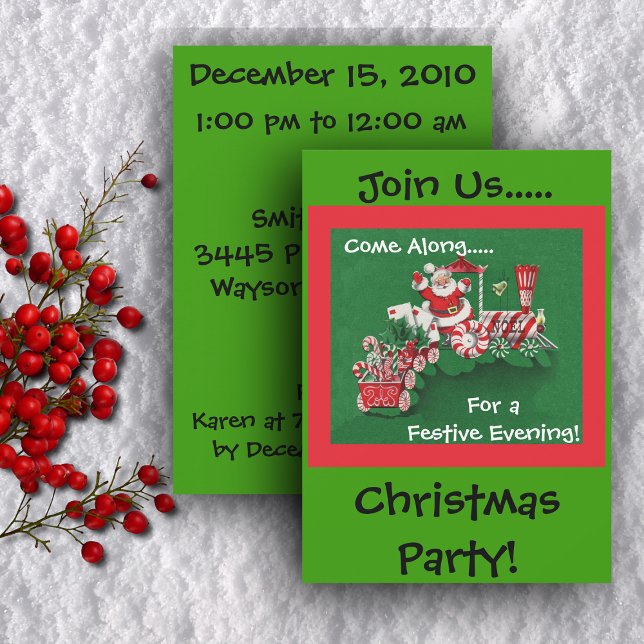 Santa Candy Train Christmas Invitation (Santa riding a peppermint candy train on green and red Christmas party invitations.)