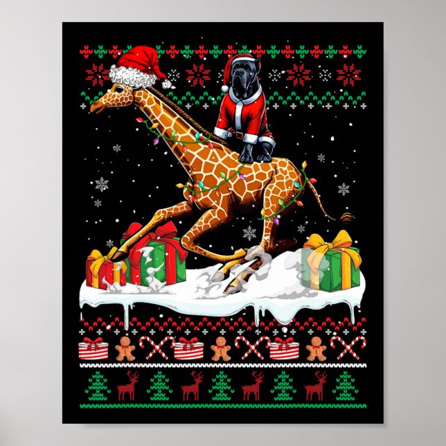 Santa Cane Corso Riding Giraffe Christmas Sweater  Poster (Front)