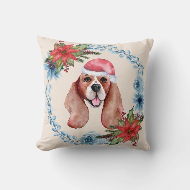 Santa Cap Beagle Holiday Throw Pillow (Front)