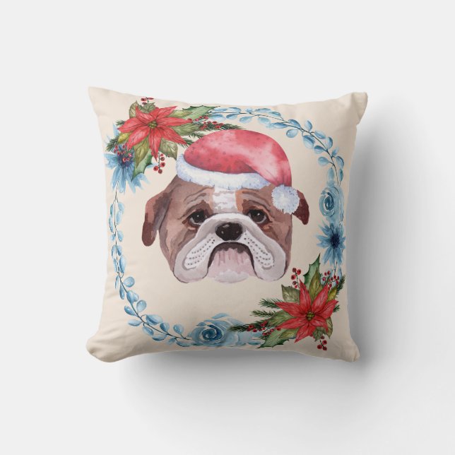 Santa Cap Bulldog Holiday Throw Pillow (Front)