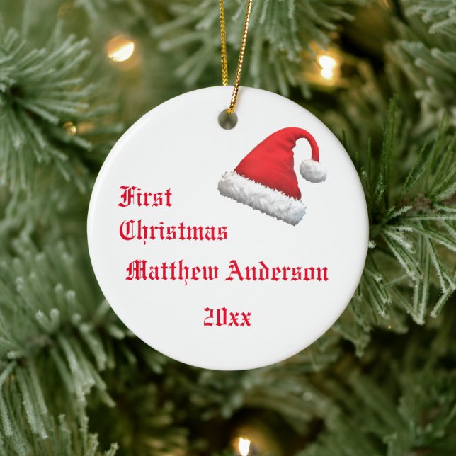 Santa Cap First Christmas Photo Ceramic Ornament (Tree)