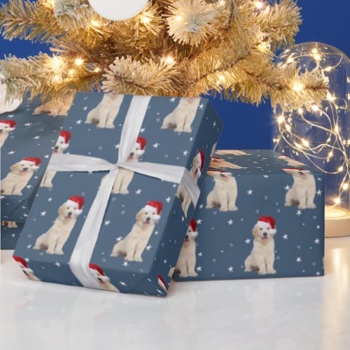 Santa Cap on Golden Retriever Puppy Wrapping Paper