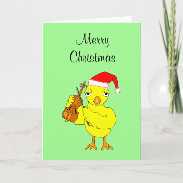Santa Cap Violin Chick Christmas Card (Front)