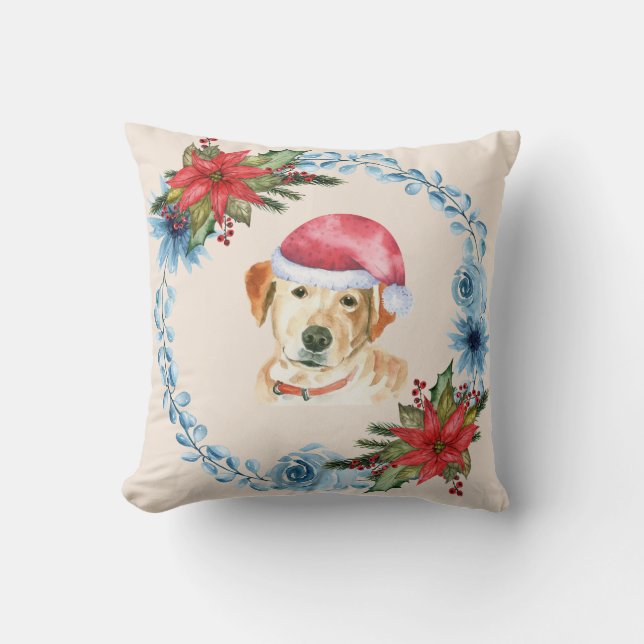 Santa Cap Yellow Lab Holiday Throw Pillow (Front)