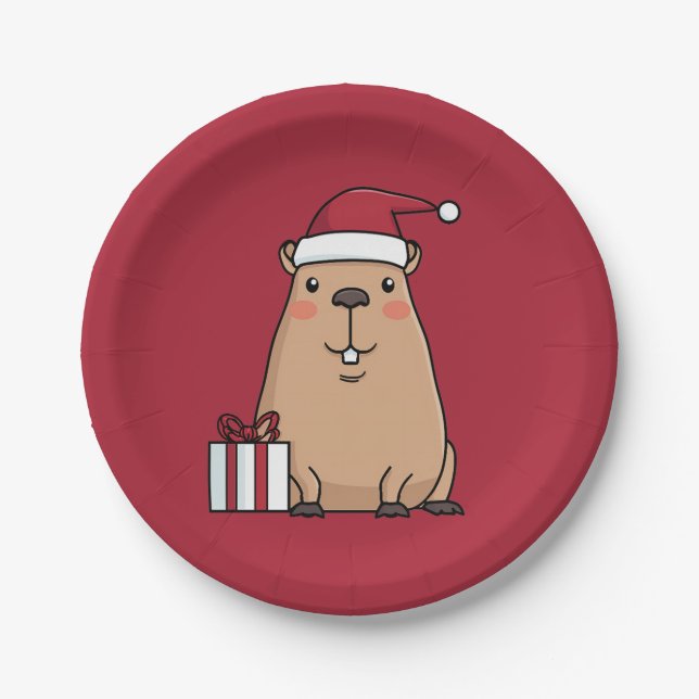 Santa Capybara Holiday Fun Paper Plates (Front)