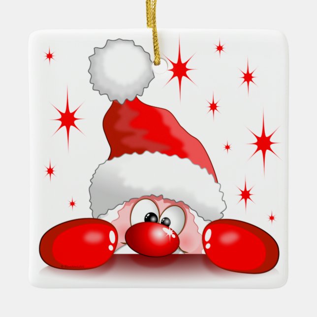Santa Cartoon Cute Peeking Character © BluedarkArt Ceramic Ornament (Front)