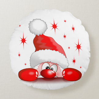 Santa Cartoon Cute Peeking Character © BluedarkArt Round Pillow