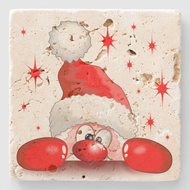 Santa Cartoon Cute Peeking Character © BluedarkArt Stone Coaster (Front)