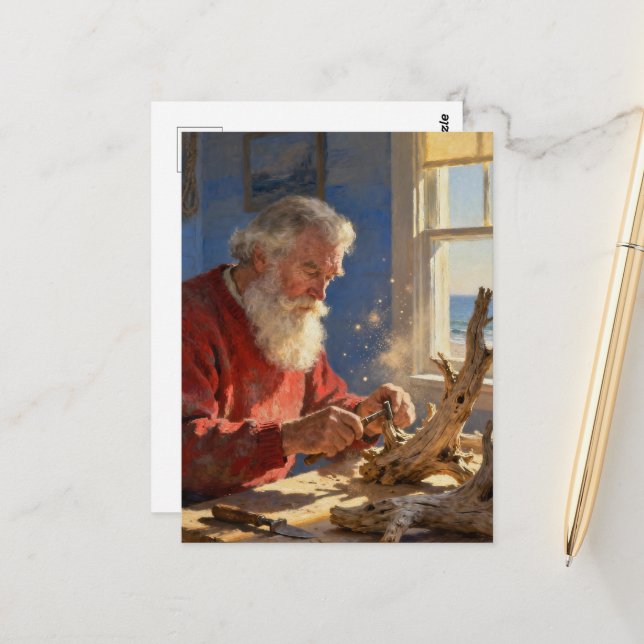 Santa Carves Driftwood at an Ocean Cabin Postcard (Front/Back In Situ)
