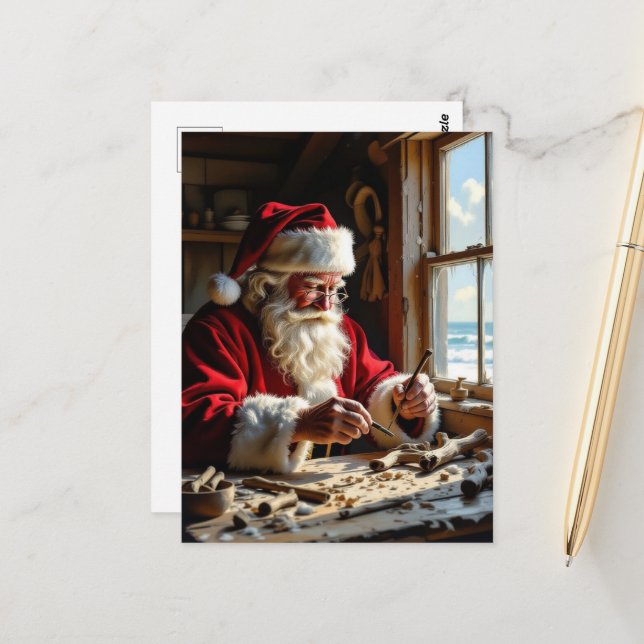 Santa Carves Driftwood at an Ocean Cabin Postcard (Front/Back In Situ)
