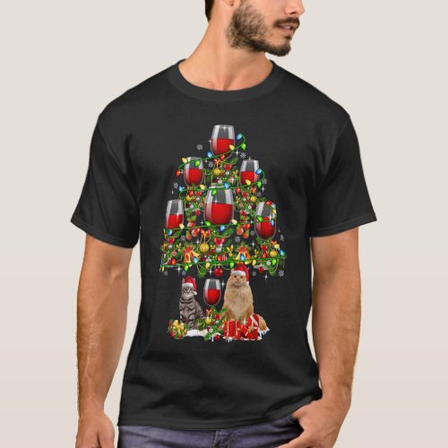 Santa Cat And Wine Glasses Christmas Tree Drinking T_Shirt